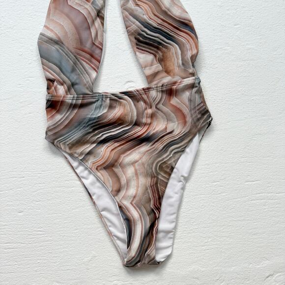 Helen Owen Marble Print Plunge Halter One Piece Swimsuit, Size XS - Picture 3 of 6